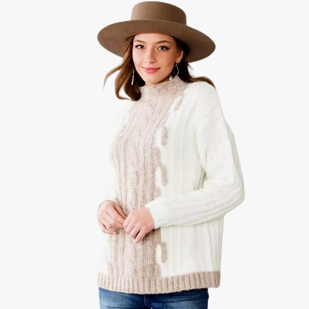 Willow & Root Cable Knit Mock Turtleneck Creme/Tan Longsleeve Sweater